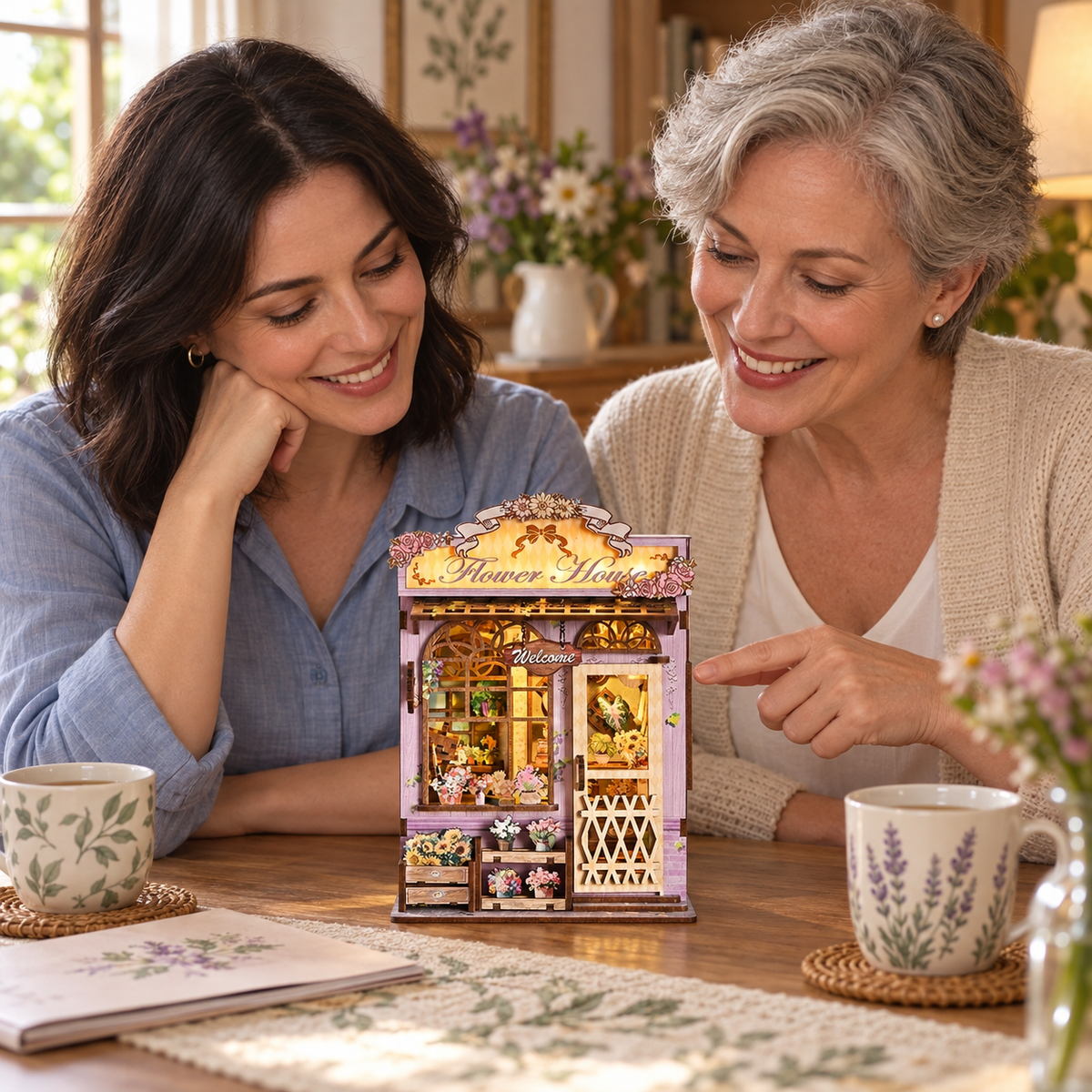 Two adult makers enjoying the completed Quiet Corner Flower Room miniature together at a table.