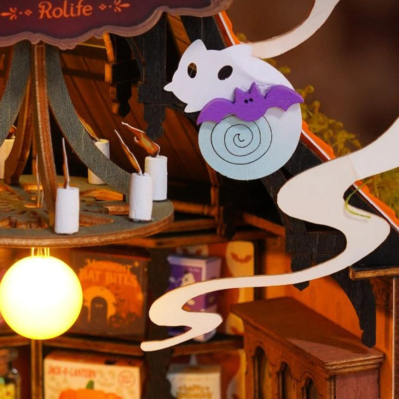 Ghosts gather beneath the candy-shop sign