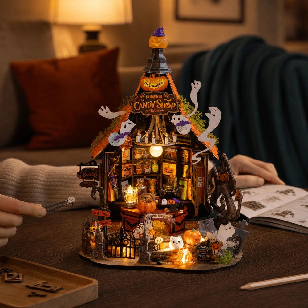 Hands adding a final miniature detail to Haunted Candy House beside assembly instructions