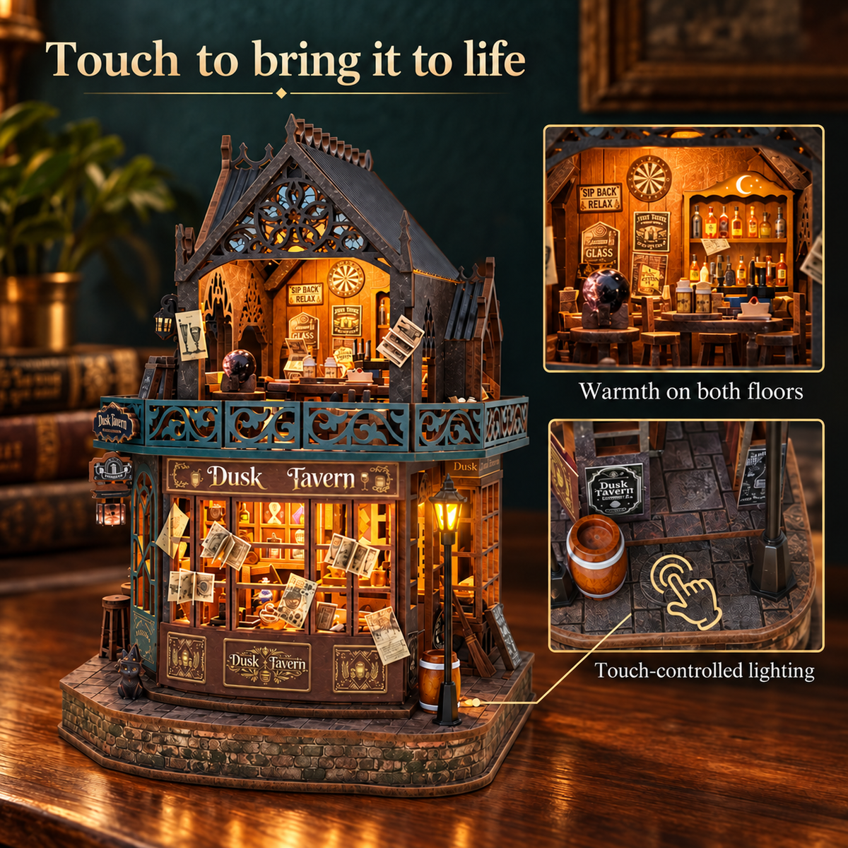Twilight Tavern touch-controlled warm lighting with detail of the touch-control location