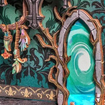 A turquoise spiral behind the gothic arch