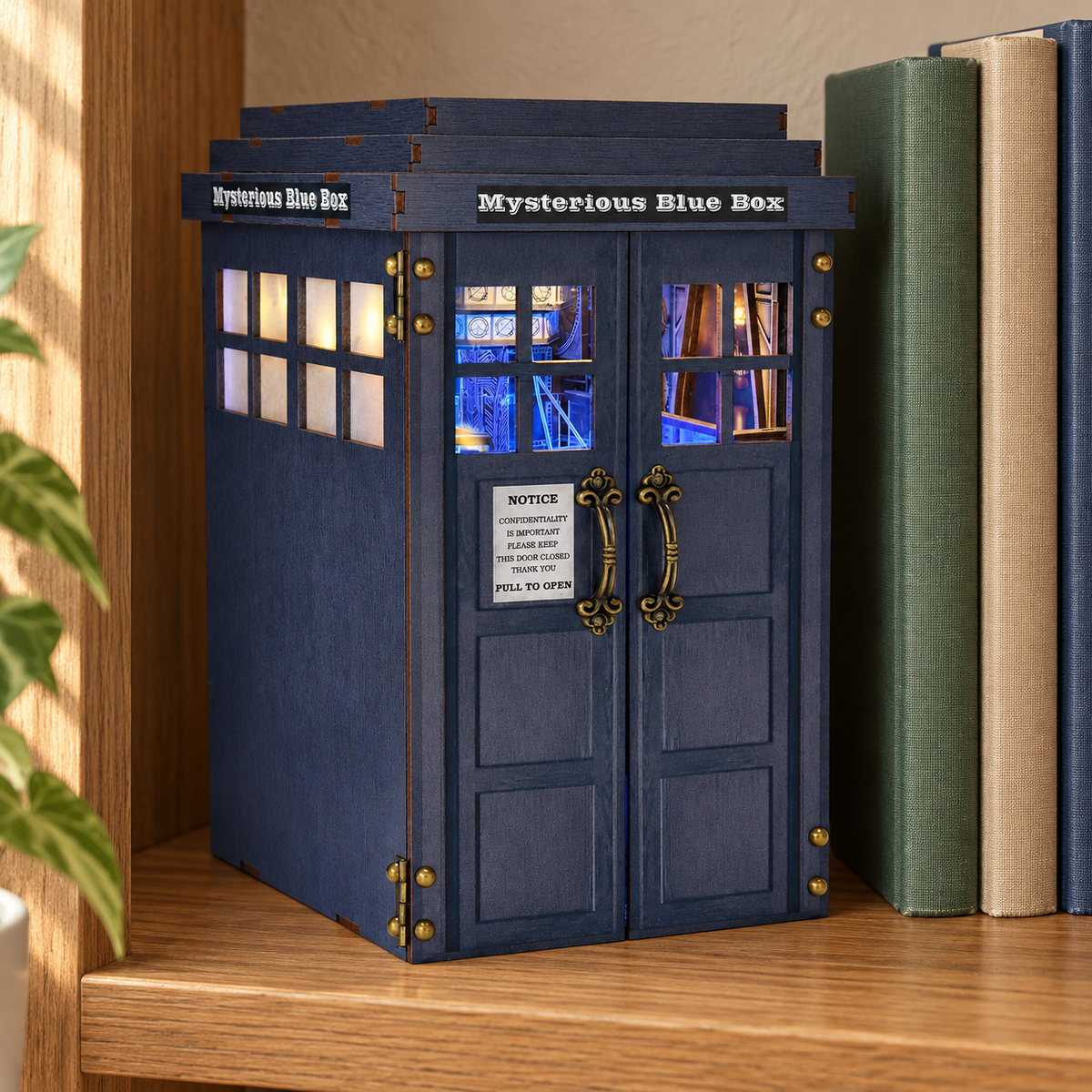 Closed Mysterious Blue Box displayed on a wooden shelf beside real books