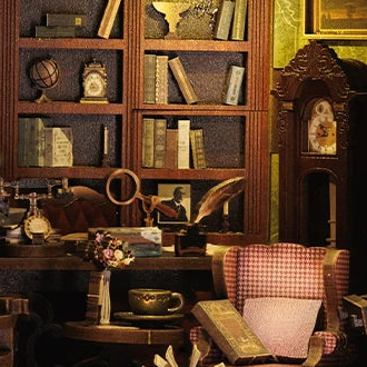Books, a magnifying glass and a feather quill