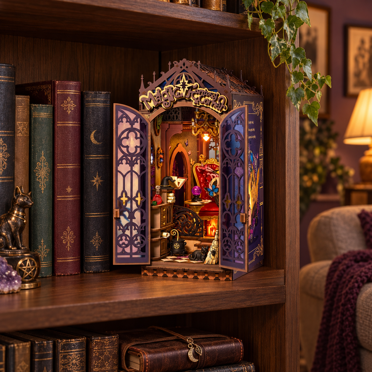Witch's Fantasy Corner book nook with its purple doors open on a walnut bookshelf beside decorative bound books.