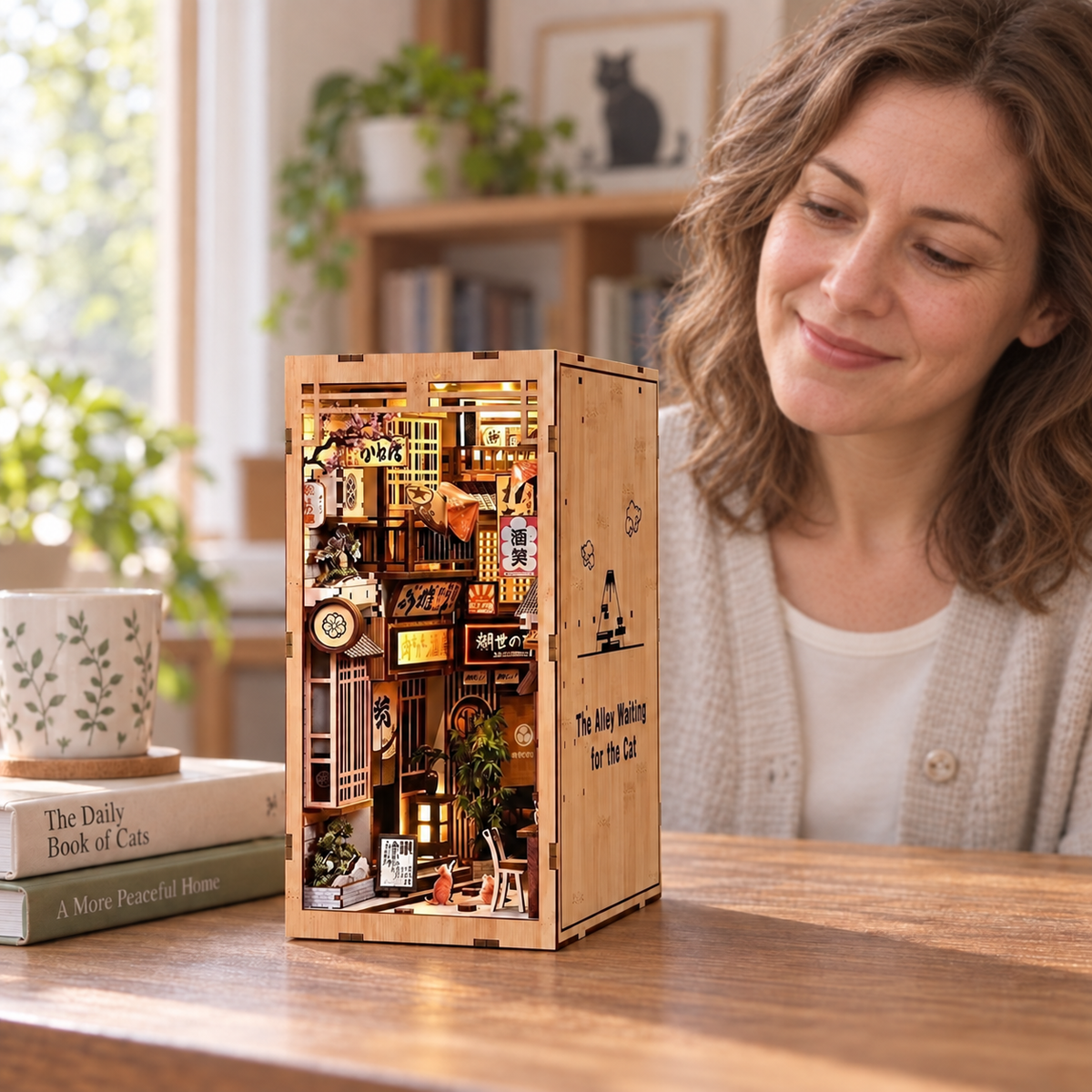 A maker enjoying her completed Cat Alley book nook at a reading table