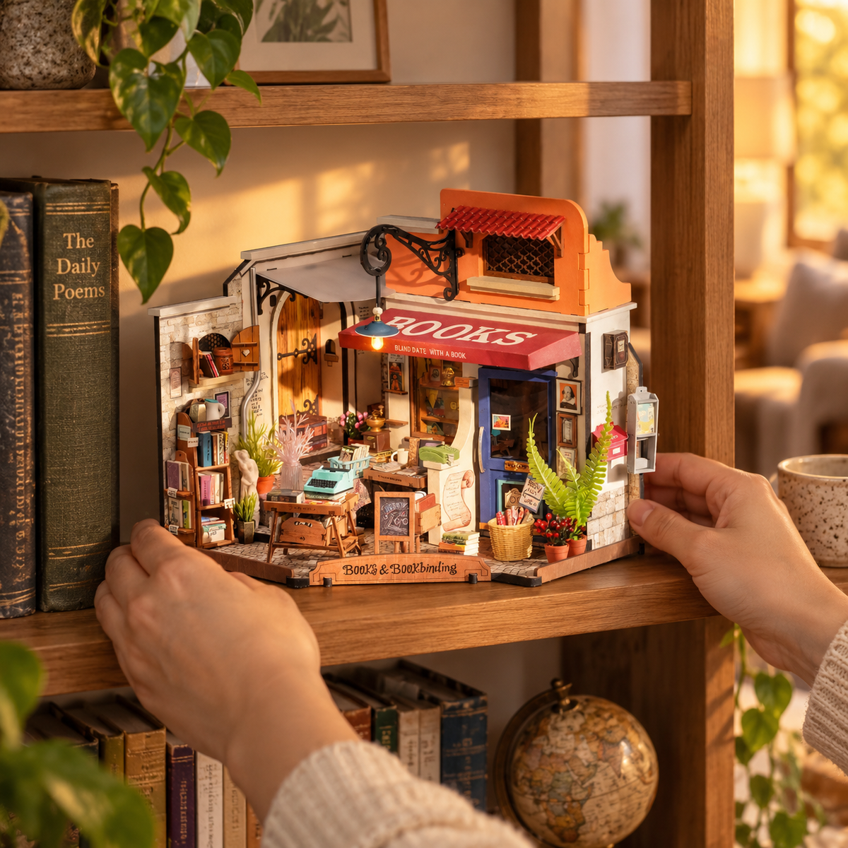 corner bookstore — a finished miniature in a personal home setting
