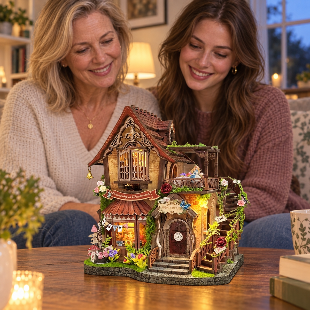 Two adult makers enjoying their finished Dreamy Cottage together at home
