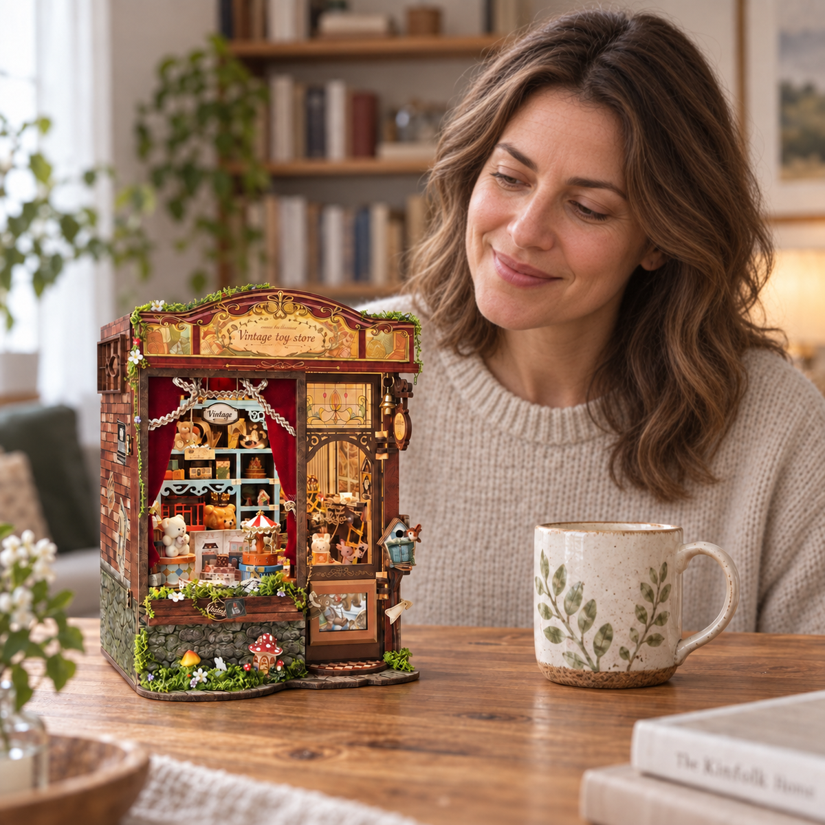 A woman admiring her completed Dreamy Fairy Tale House miniature toy shop at home
