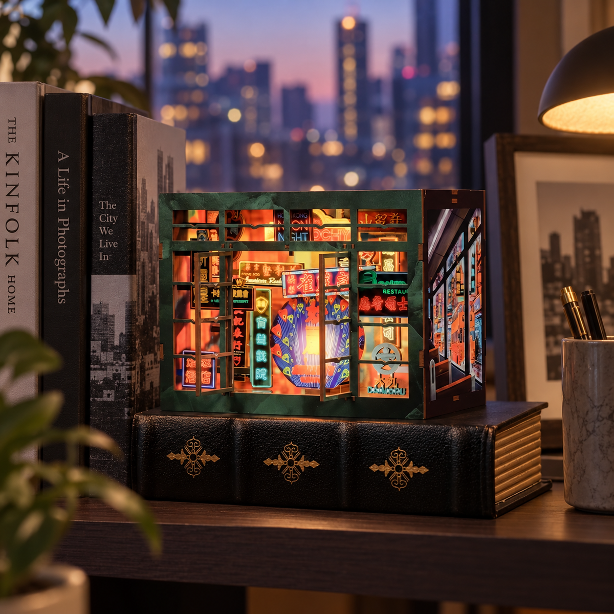 hong kong neon night — a finished miniature in a personal home setting