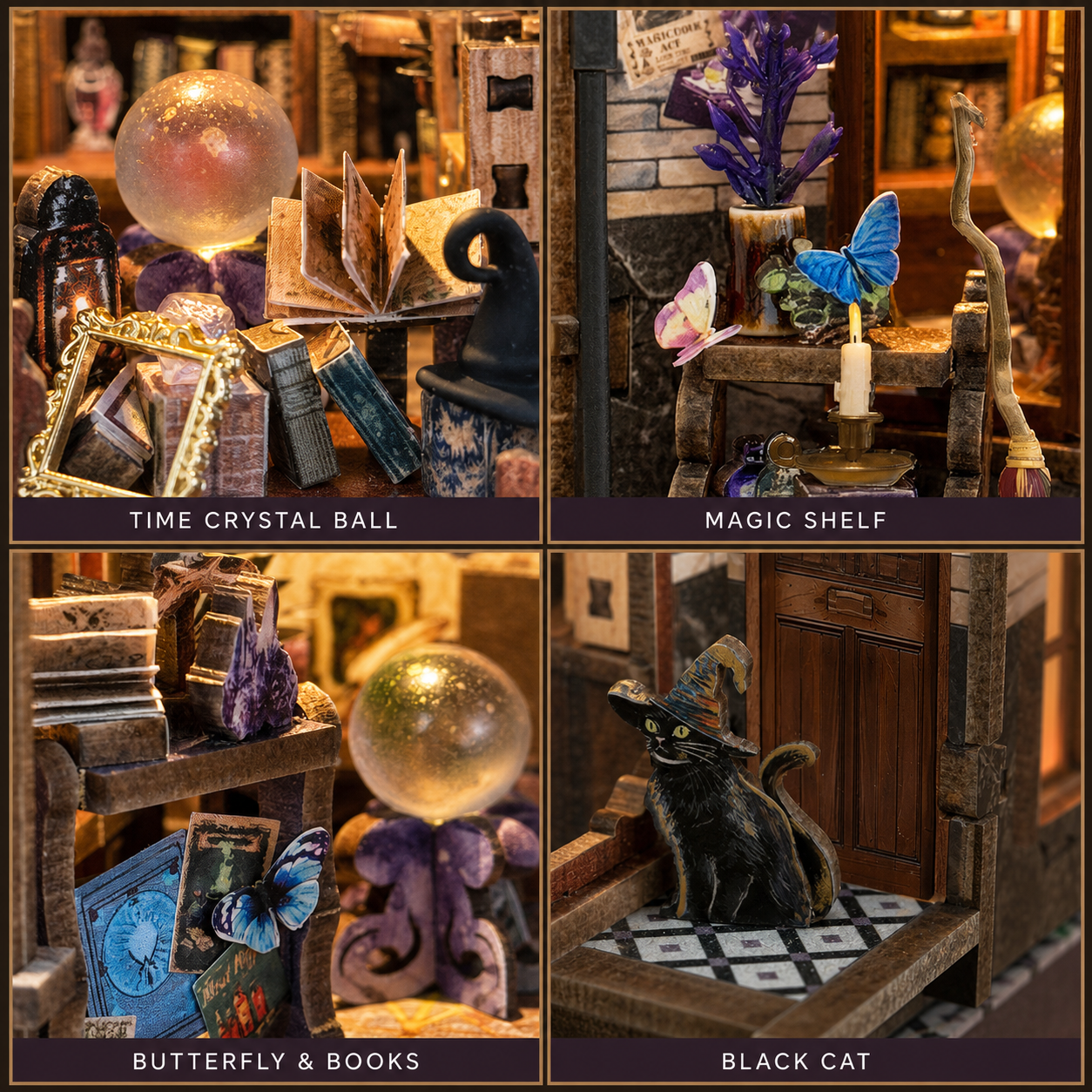 Magic Moon Tower miniature details: crystal ball, magic shelf, butterfly books and black cat