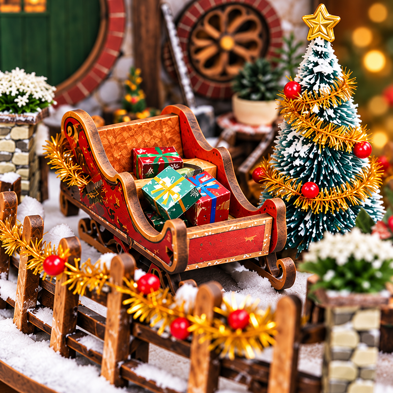 A tiny tree and gift-filled sleigh dress the winter garden.