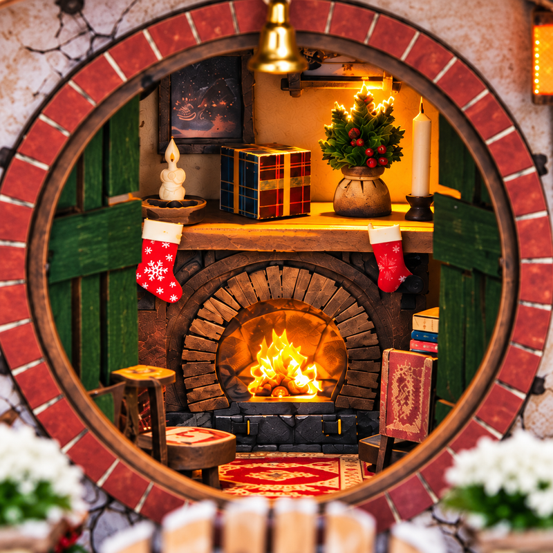 A miniature fireplace brings a warm glow to the cottage.