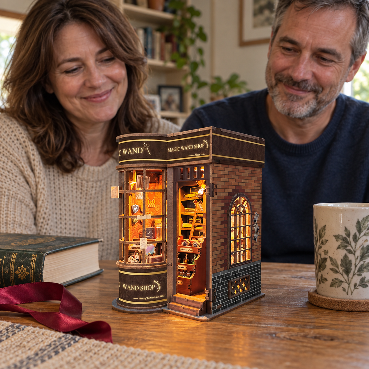 Magic Wand Shop — completed miniature in a sharing scene (AI-assisted visualization)