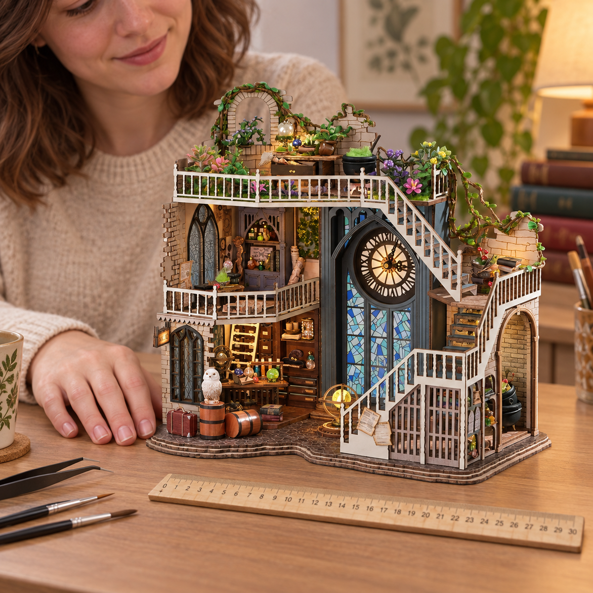 Magic Workshop — completed miniature in a sharing scene (AI-assisted visualization)