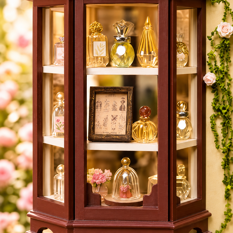 Tiny perfume bottles in the bay display.