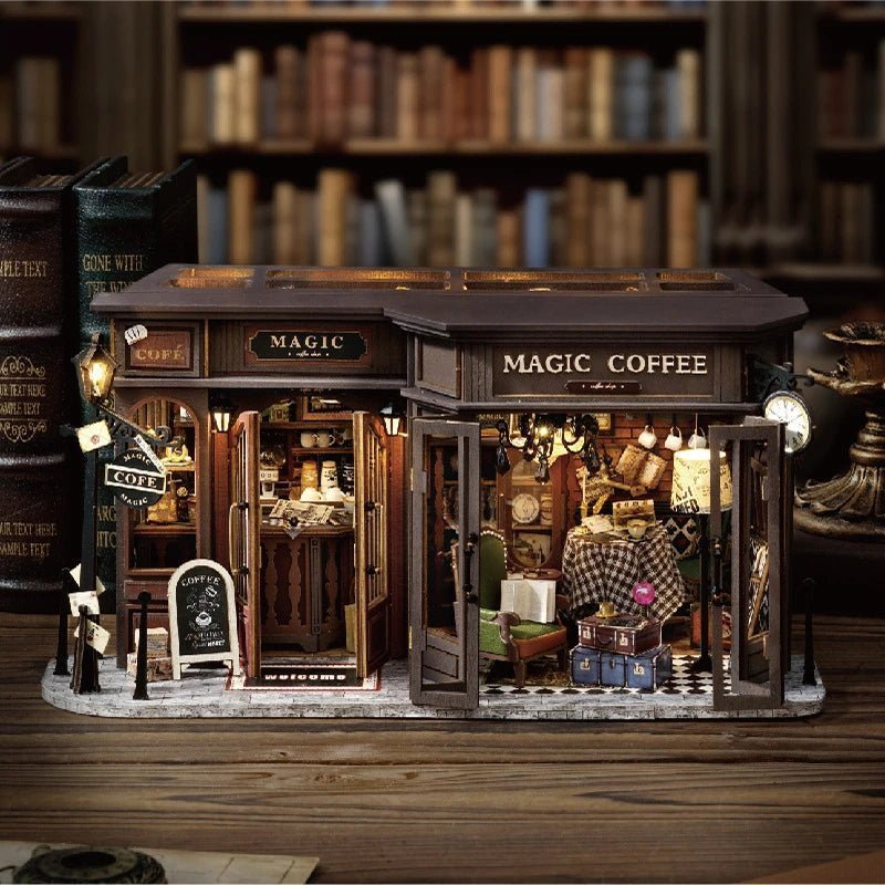 Retro Magic Coffee Shop Dollhouse Kit with LED, HiNooki DIY Wooden