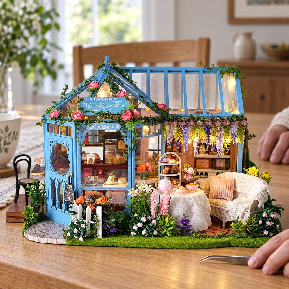 Rose Garden Tea House — finished miniature in an everyday setting (AI-assisted visualization)