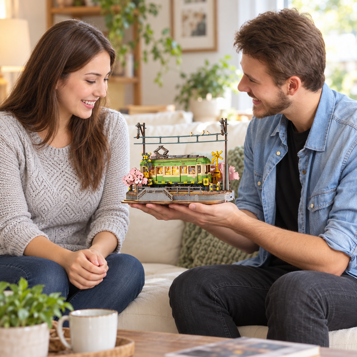 Sakura Journey — completed miniature in a sharing scene (AI-assisted visualization)