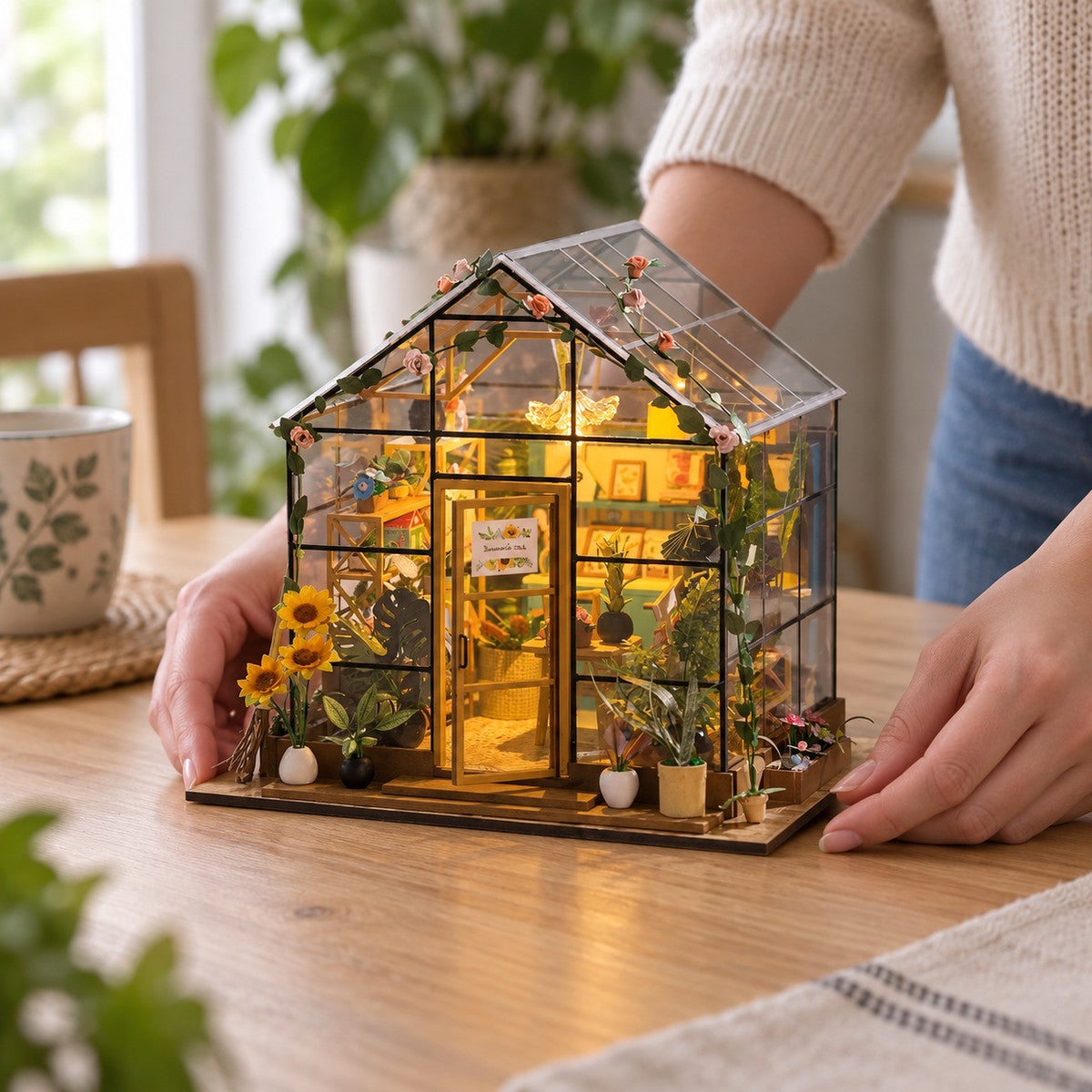 Sunshine Flower House — finished miniature in an everyday setting (AI-assisted visualization)