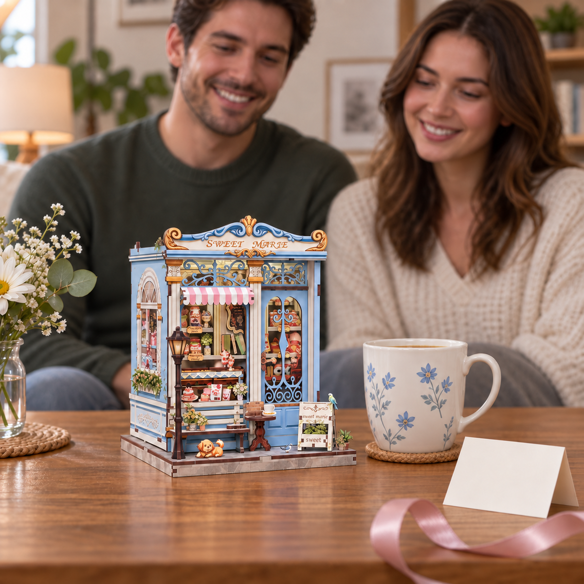 Sweet Marie — completed miniature in a sharing scene (AI-assisted visualization)