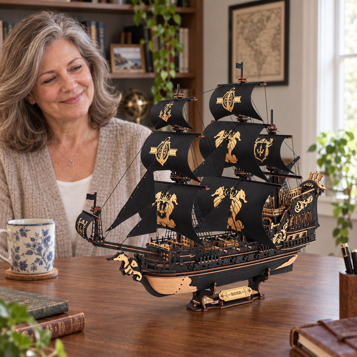 The Seahorse Barque — completed miniature in a sharing scene (AI-assisted visualization)