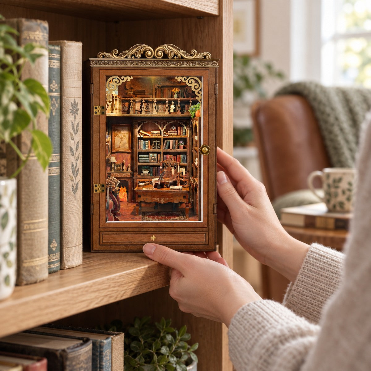 Time Book House — finished miniature in an everyday setting (AI-assisted visualization)