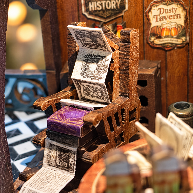 An armchair with a story left open