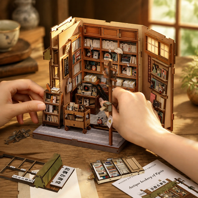 Hands assembling the opening bookshop interior