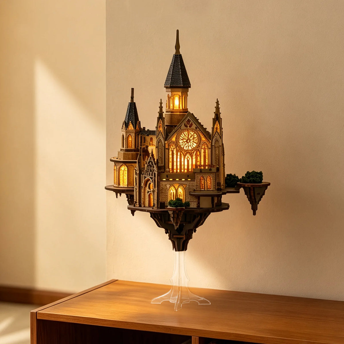 Glen Sky Citadel illuminated castle on a clear tabletop stand