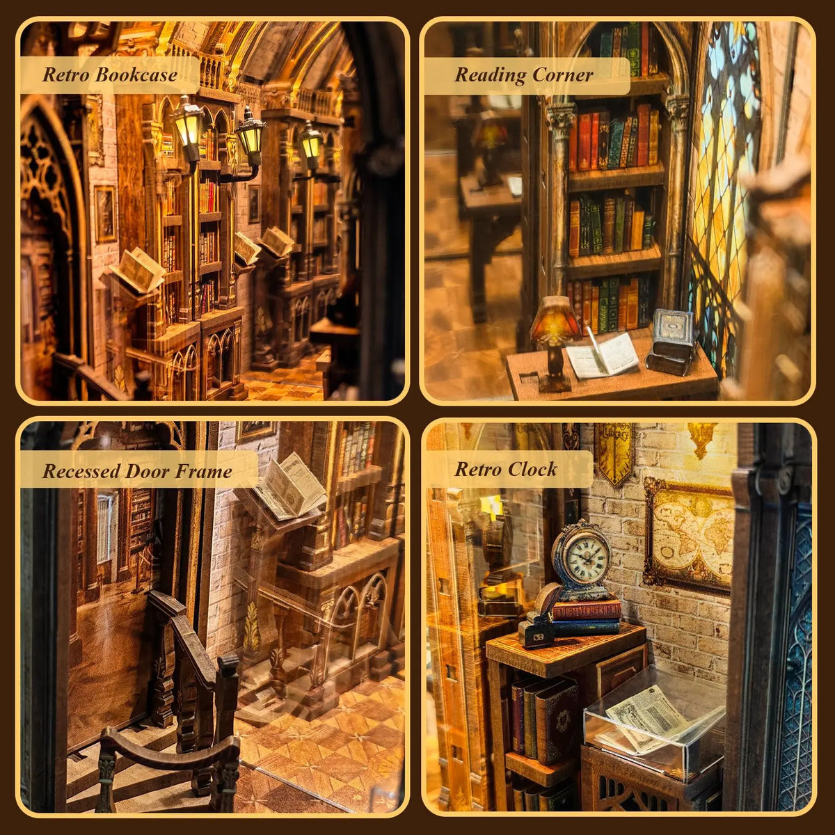 Four interior details of Aleph Library miniature book nook