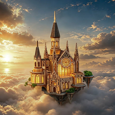 Glen Sky Citadel floating castle model against sunset clouds