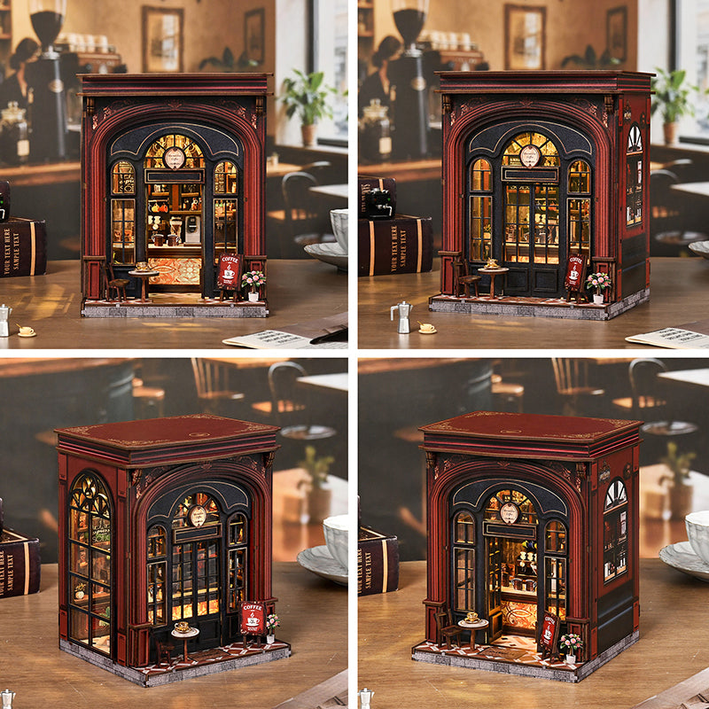 Four views of Warmglow Coffee showing the closed storefront and open miniature café
