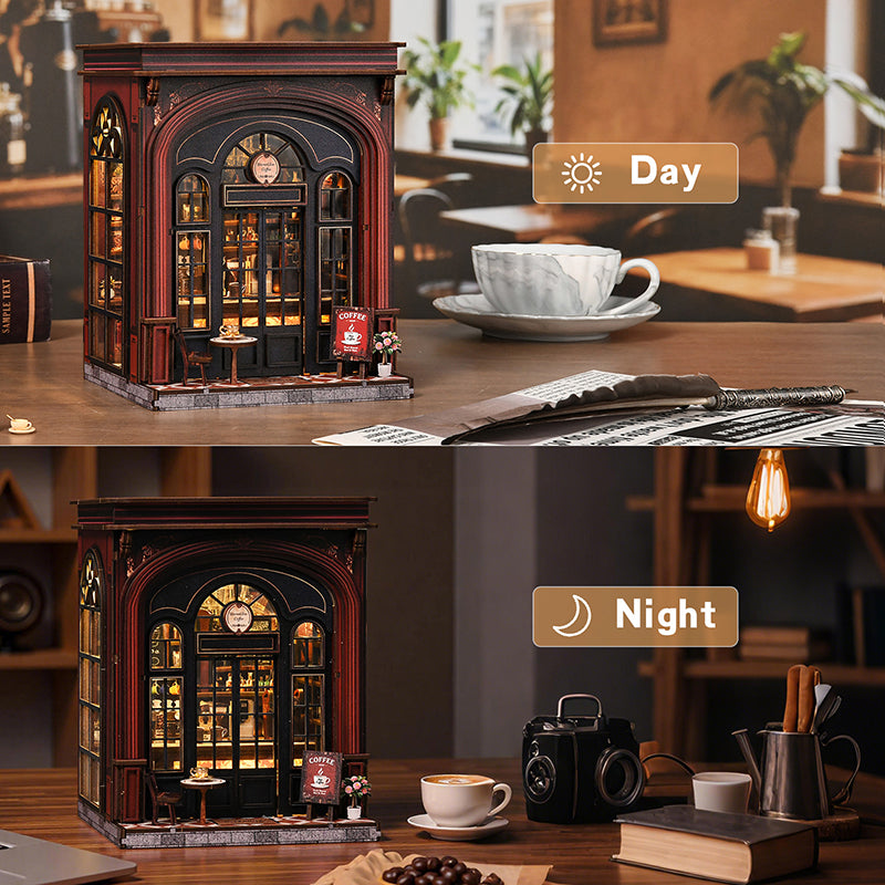 Warmglow Coffee shown by day and with warm interior lighting at night