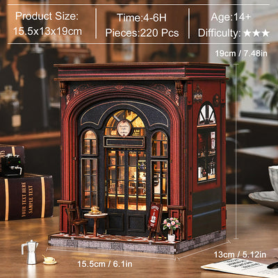 Warmglow Coffee dimensions and assembly information shown around the completed miniature café