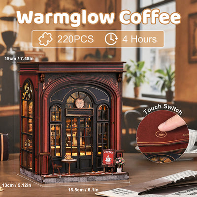 Warmglow Coffee size and touch-switch illustration beside the completed café