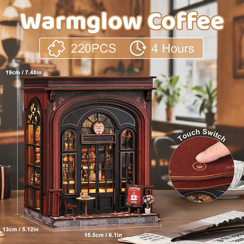 Warmglow Coffee size and touch-switch illustration beside the completed café
