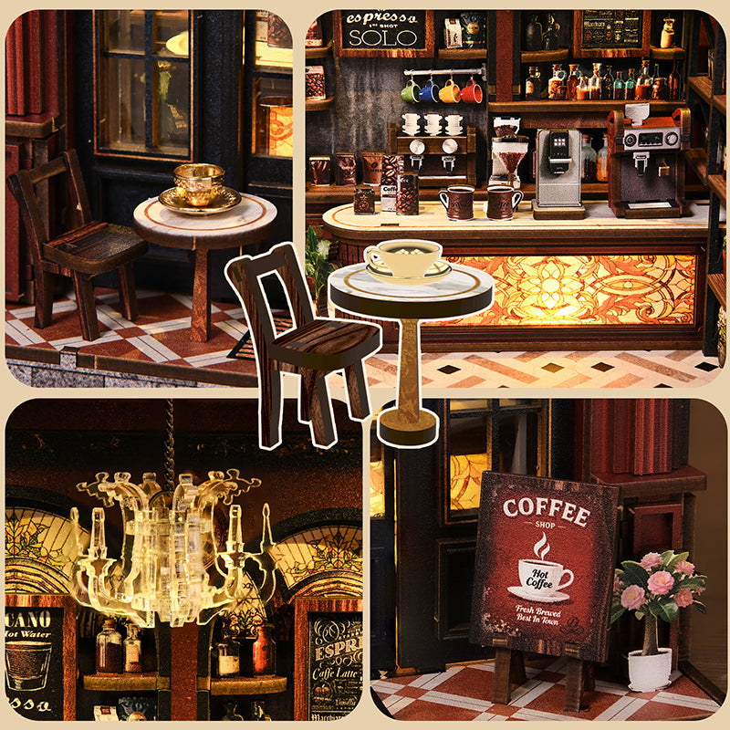 Warmglow Coffee details including coffee equipment, a cup and saucer, chandelier and café sign
