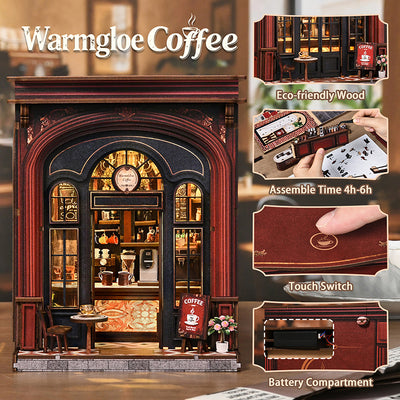 Warmglow Coffee feature graphic showing the café, assembly, touch switch and battery compartment