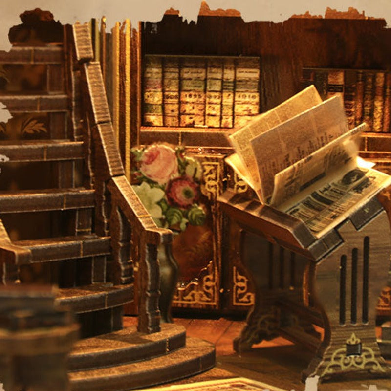 An open book waits on its own little reading stand.