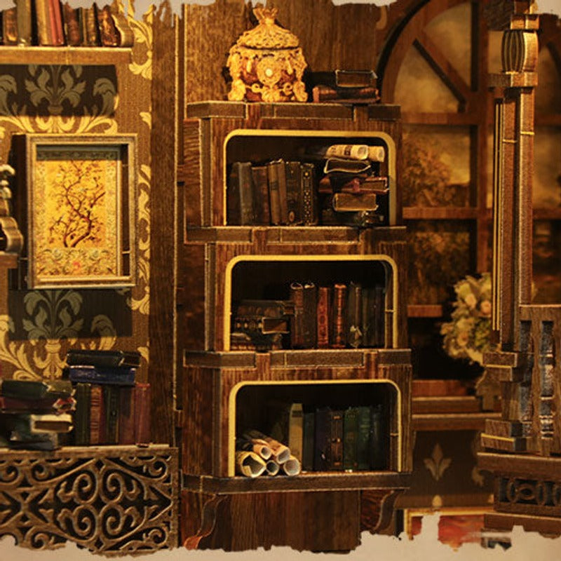 Tiny books and keepsakes fill the antique shelves.