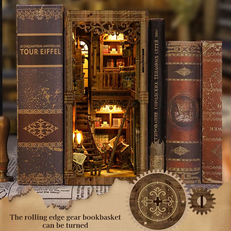 アンティーク　Book オブジェ Antique Library Book Nook Kit with LED, HiNooki DIY Wooden