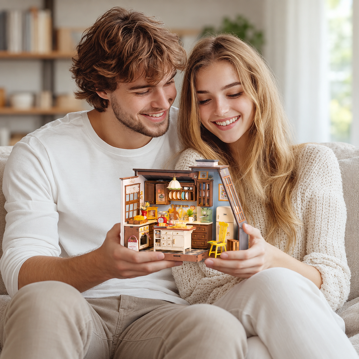 Baking Kitchen — completed miniature in a sharing scene (AI-assisted visualization)