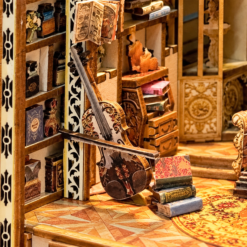 A violin waiting among the books
