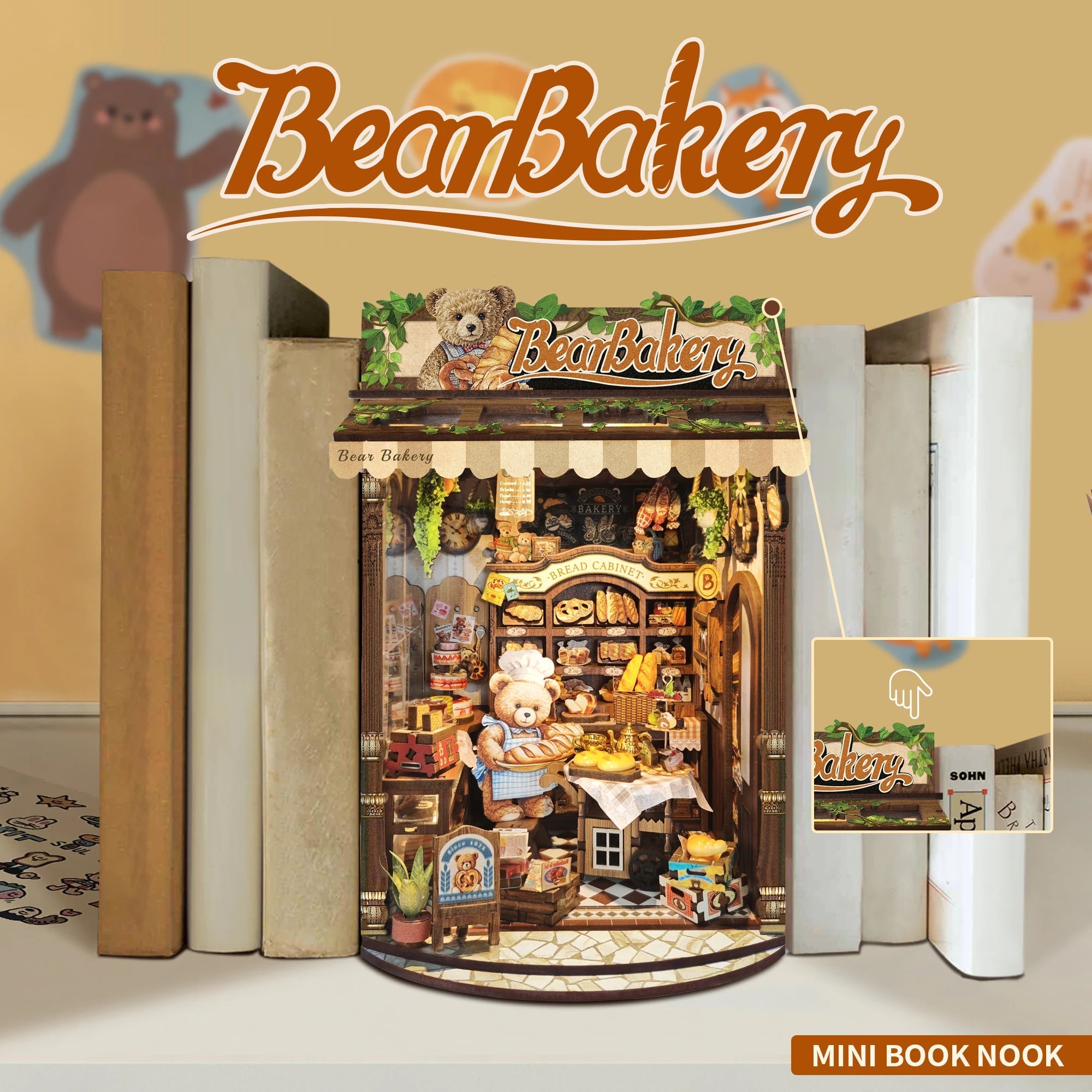 Bear Bakery DIY Book Nook Kit by HiNooki – Miniature Bookshelf Insert | Book Lovers Gift, Cozy Home Decor.