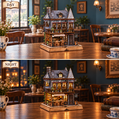 Book Corner Cafe — day and night lighting comparison