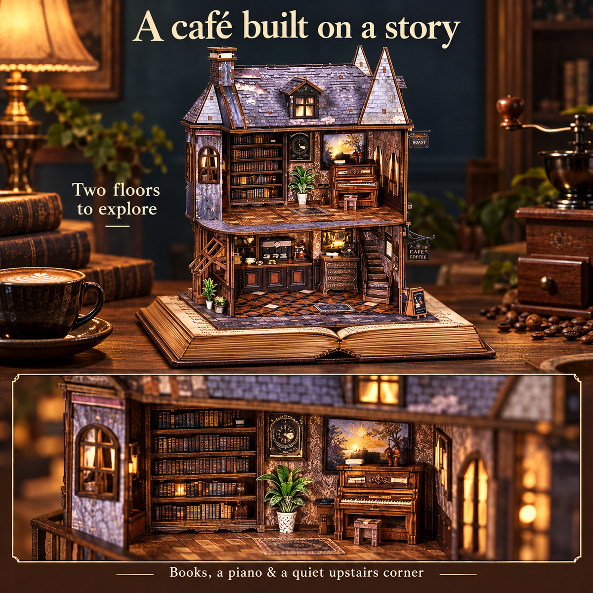 Book Corner Cafe — two floors with a miniature piano and bookcase