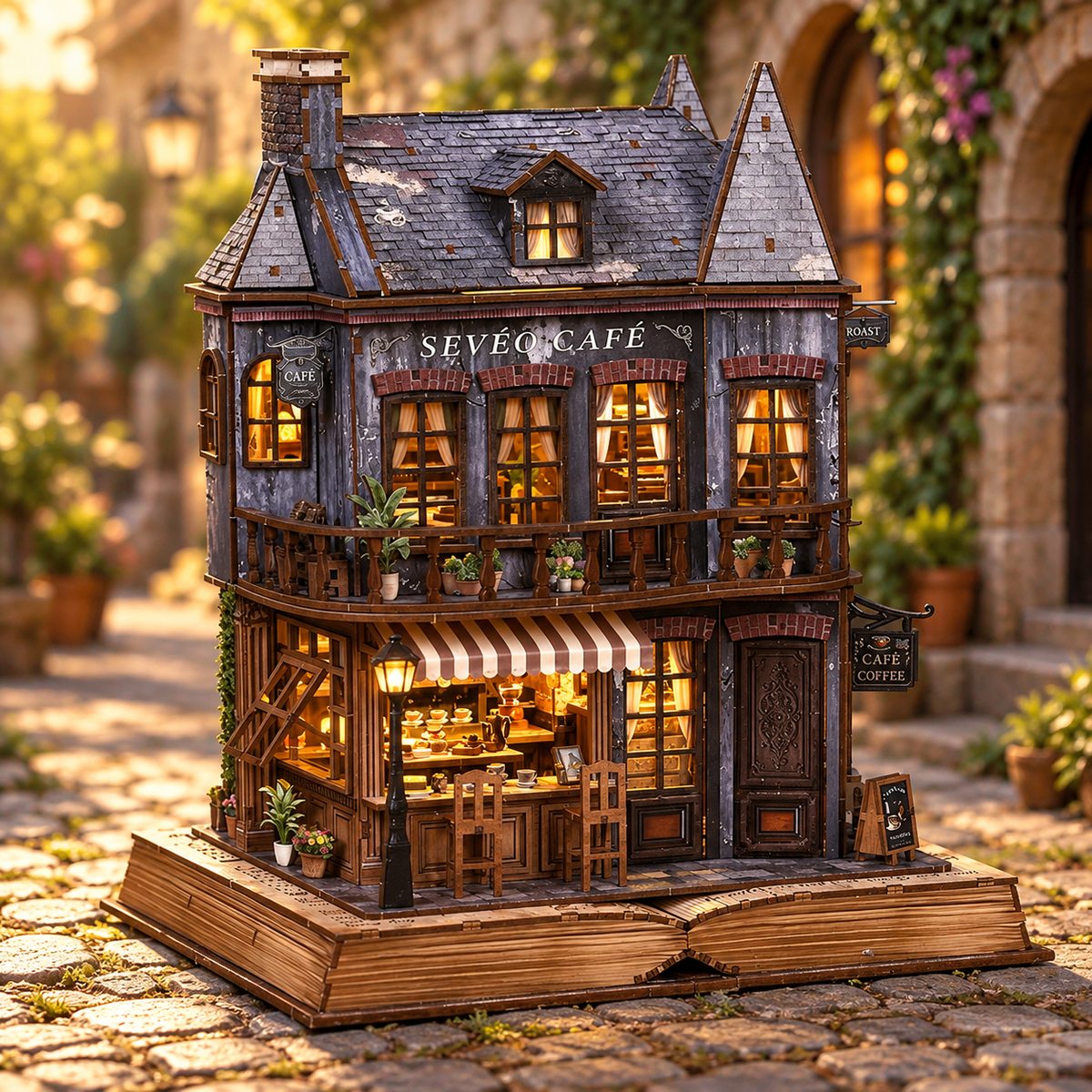 Book Corner Cafe miniature DIY kit in a coordinated display setting