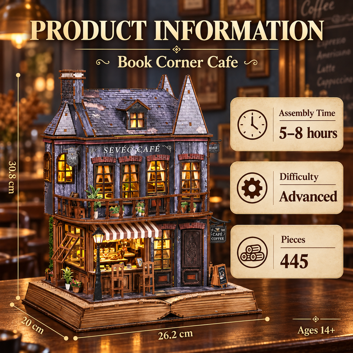Book Corner Cafe product information with dimensions, assembly time, difficulty and pieces