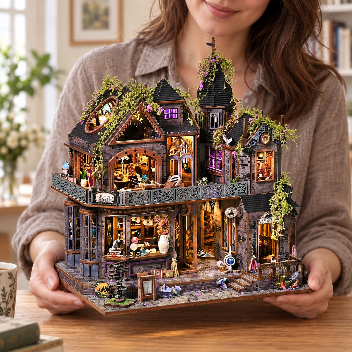 Magic Castle — a completed miniature held by an adult maker (AI-assisted lifestyle visualization).