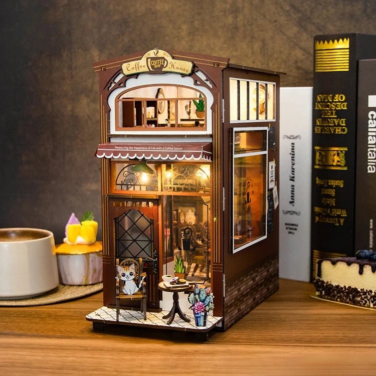 Cat Cafe DIY Book Nook Kit by HiNooki – Miniature Bookshelf Insert | Book Lovers Gift, Cozy Home Decor.